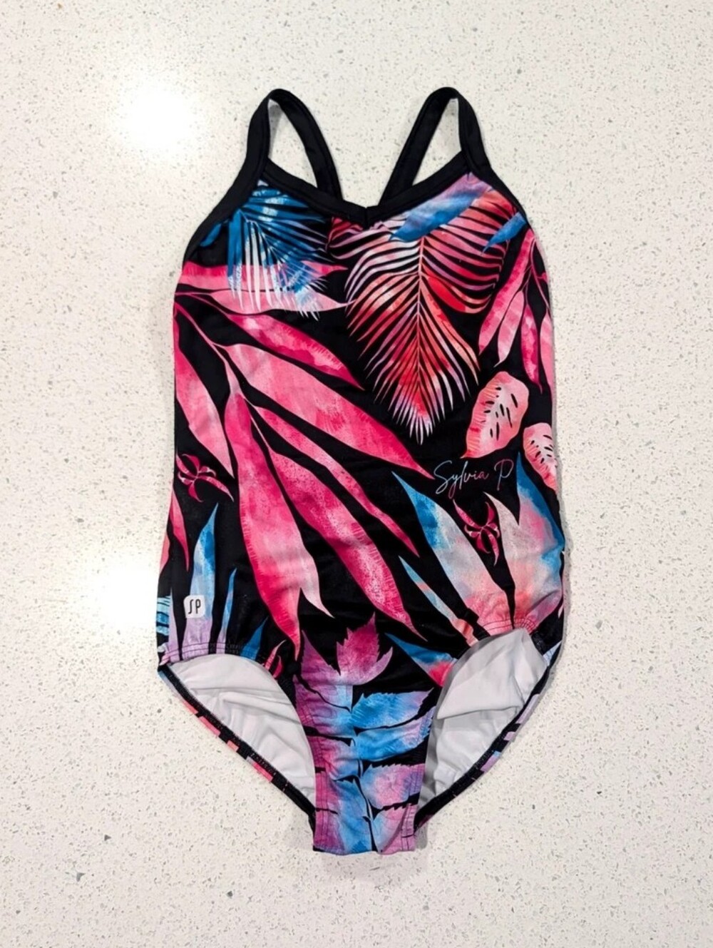BEAUTIFUL Sylvia P gymnastics dance Leotard 10 Medium Exotic TROPICAL Razorback